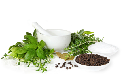 Mortar and Pestle with Herbs and Spices